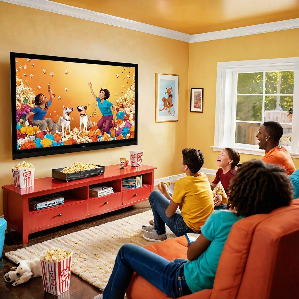 A lively living room filled with colorful laughter, children and adults watching comedic clips on a large screen, with popcorn flying in the air. A playful dog is joining the fun, adding to the joyful ambiance. A warm color palette enhances the cheerful atmosphere, showcasing a blend of family togetherness and comedy. cartoonish style. vibrant colors. warm lighting.