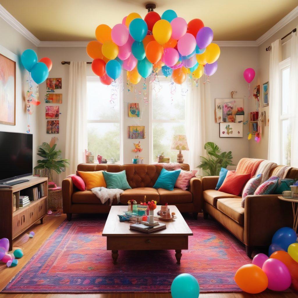 A lively living room filled with colorful decorations, showcasing a diverse group of friends watching hilarious home videos, all laughing together. Include playful pets frolicking around, embodying a spirit of joy and acceptance. The scene should radiate warmth and camaraderie, surrounded by vibrant streamers and balloons. super-realistic. vibrant colors. playful atmosphere.