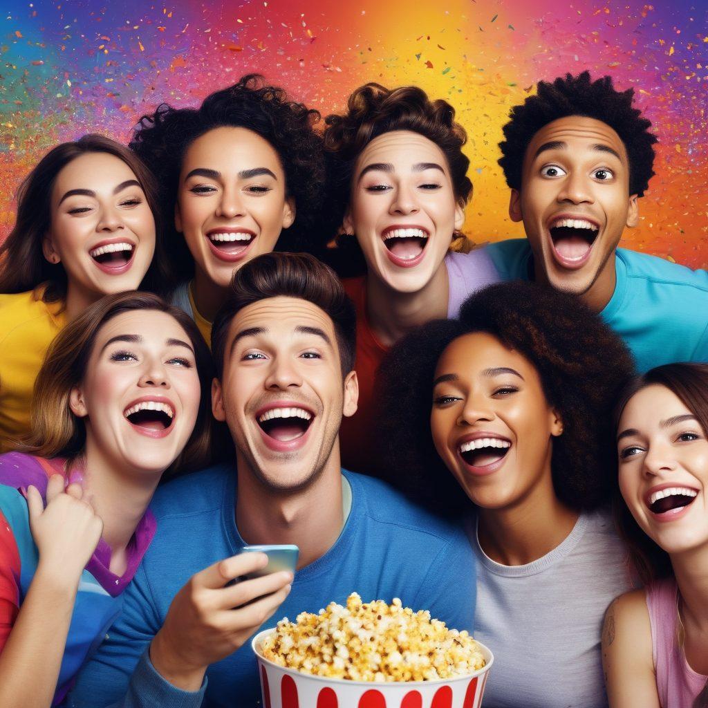 A lively and colorful scene depicting a diverse group of joyful LGBTQ+ individuals sharing laughter while watching humorous videos on their devices. The atmosphere is filled with vibrant rainbow colors, confetti, and smiles, creating a sense of community and celebration. Elements such as popcorn, funny face emojis, and film reels should be included to emphasize the comedic aspect. super-realistic. vibrant colors. dynamic composition.
